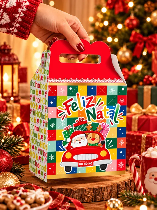 Maleta Natalina com arte Feliz Natal: Papai Noel e rena em um carro vermelho