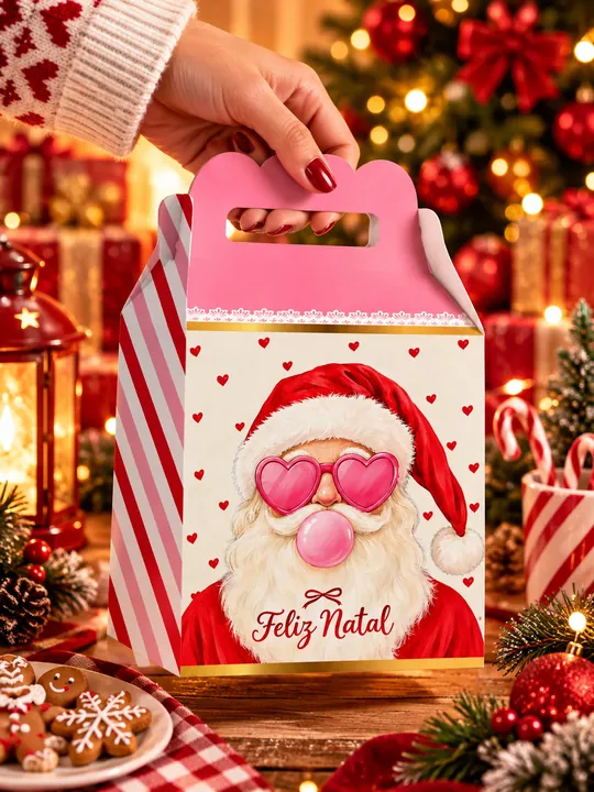 Maleta Natalina com arte Feliz Natal: Papai Noel de óculos de coração e bola de chiclete