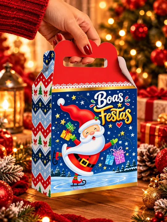 Maleta Natalina com arte Boas Festas: Papai Noel patinando no gelo