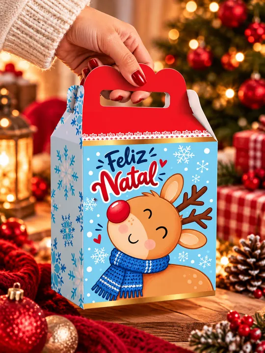 Maleta Natalina com arte Feliz Natal: rena com cachecol azul