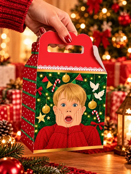 Maleta Natalina com arte de Natal: criança surpresa com as mãos no rosto, em fundo de pinheiro decorado