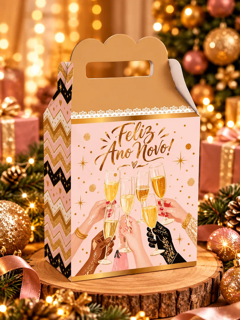 Mockup 1: maleta pronta com a arte Feliz Ano Novo, brinde com taças