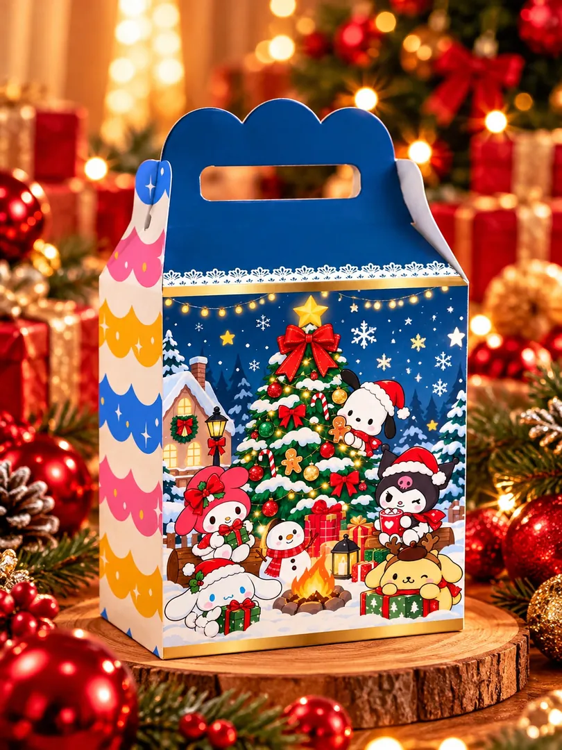 Mockup 2: maleta pronta com a arte Feliz Natal, personagens fofos ao redor da árvore