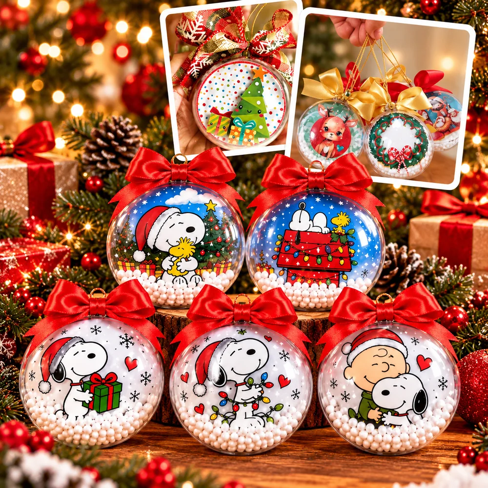 Artes para Esferas de Natal: esferas transparentes decoradas com laços vermelhos